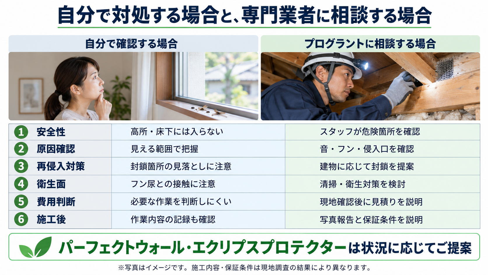 室内から被害の兆候を確認する人と、屋根裏を点検する専門スタッフの写真を並べた比較図。安全性、原因確認、再侵入対策、衛生面、費用、施工後の説明について示しています。写真はイメージ。