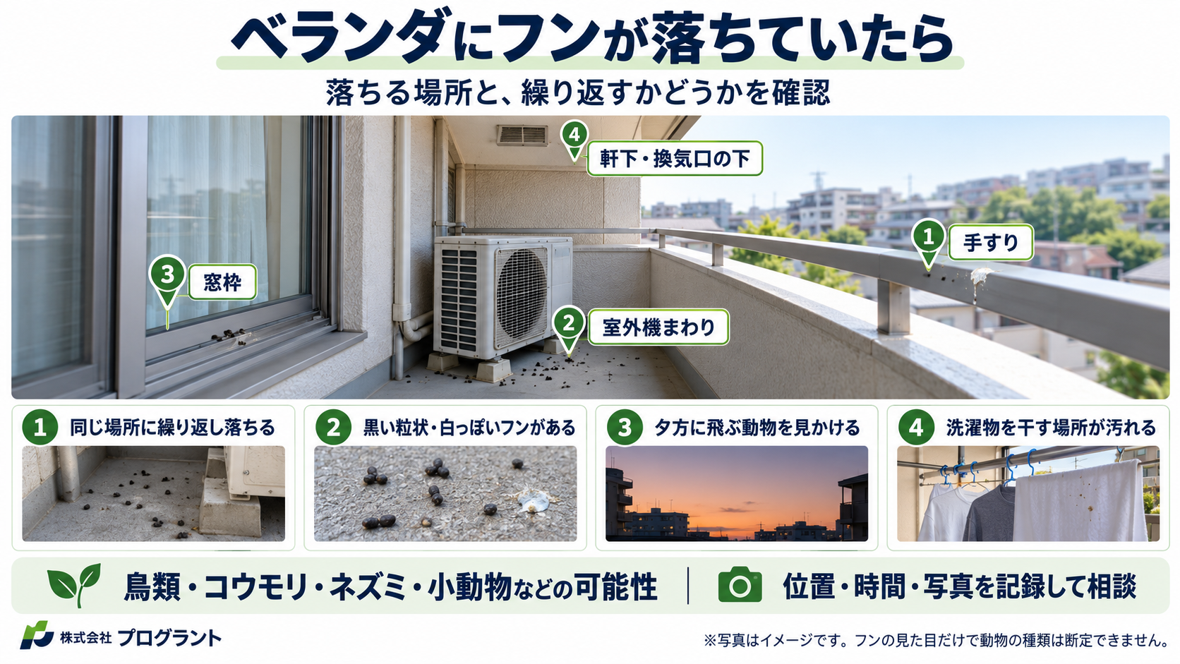ベランダの手すり、室外機まわり、窓枠、軒下・換気口の下にフンが落ちる場所を示した写真付き図。同じ場所への繰り返し、フンの色や形、夕方の動物の動きなど、確認の手がかりを紹介しています。写真はイメージ。