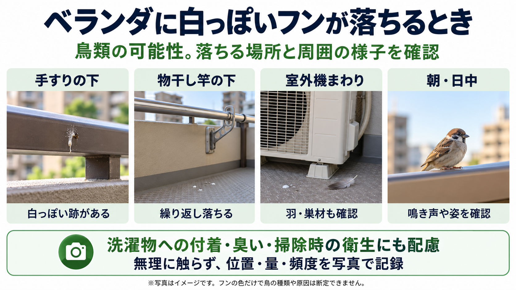 ベランダの手すり下、物干し竿の下、室外機まわりにある白っぽいフンや羽などを写真例で示し、朝・日中の鳥の姿や鳴き声も確認の手がかりとして紹介する図。写真はイメージ。