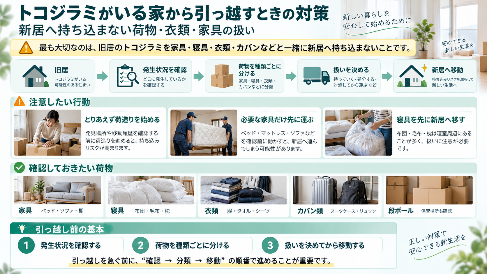 トコジラミがいる家から引っ越す際に新居へ持ち込まないための対策を解説するインフォグラフィック｜家具・寝具・衣類・カバン・段ボールの確認と荷物を分類して移動する流れを紹介