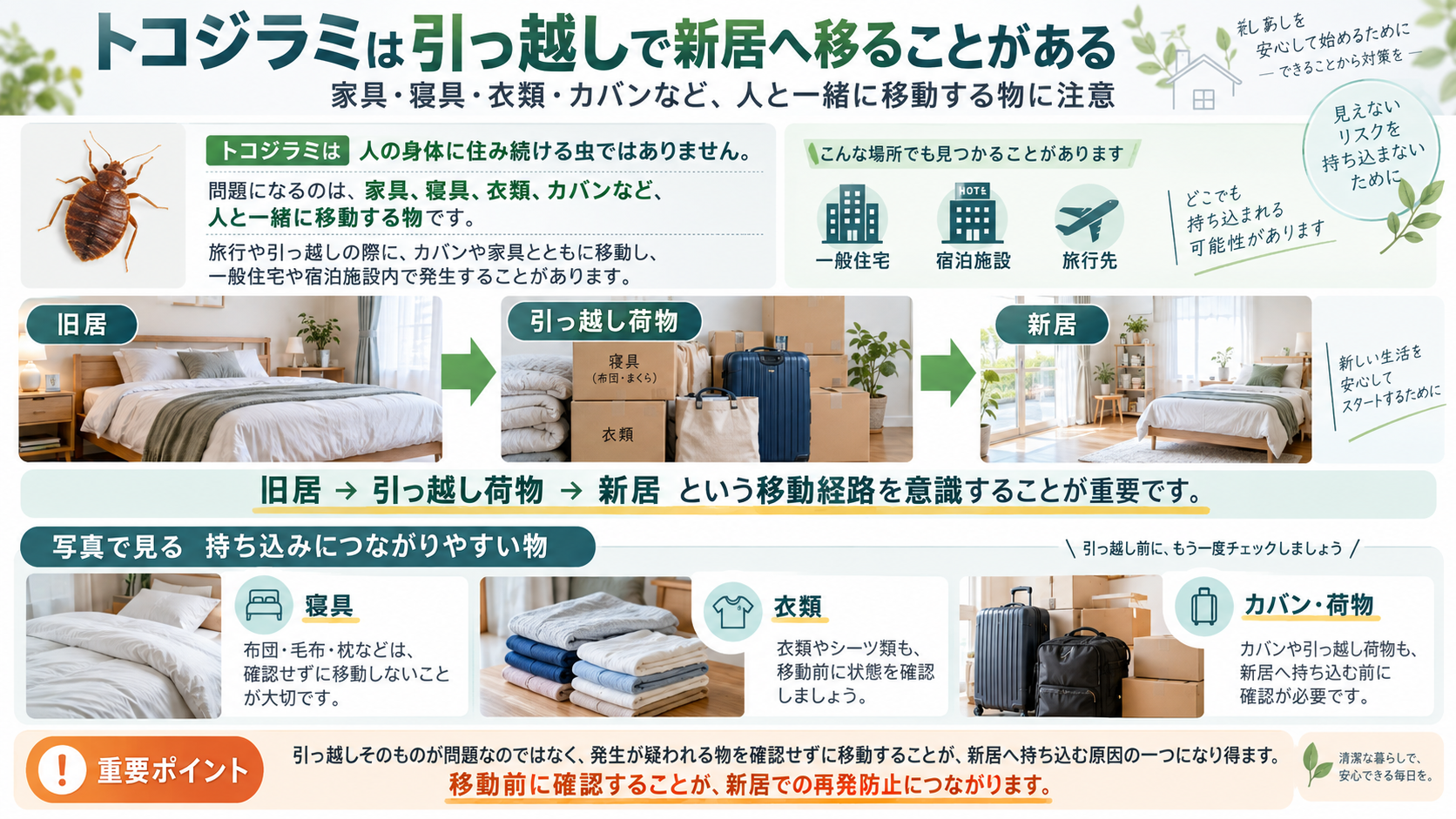 トコジラミが引っ越し荷物と一緒に旧居から新居へ移る仕組みを解説するインフォグラフィック｜寝具・衣類・カバン・段ボールなど持ち込みにつながりやすい物と移動前の確認ポイントを紹介