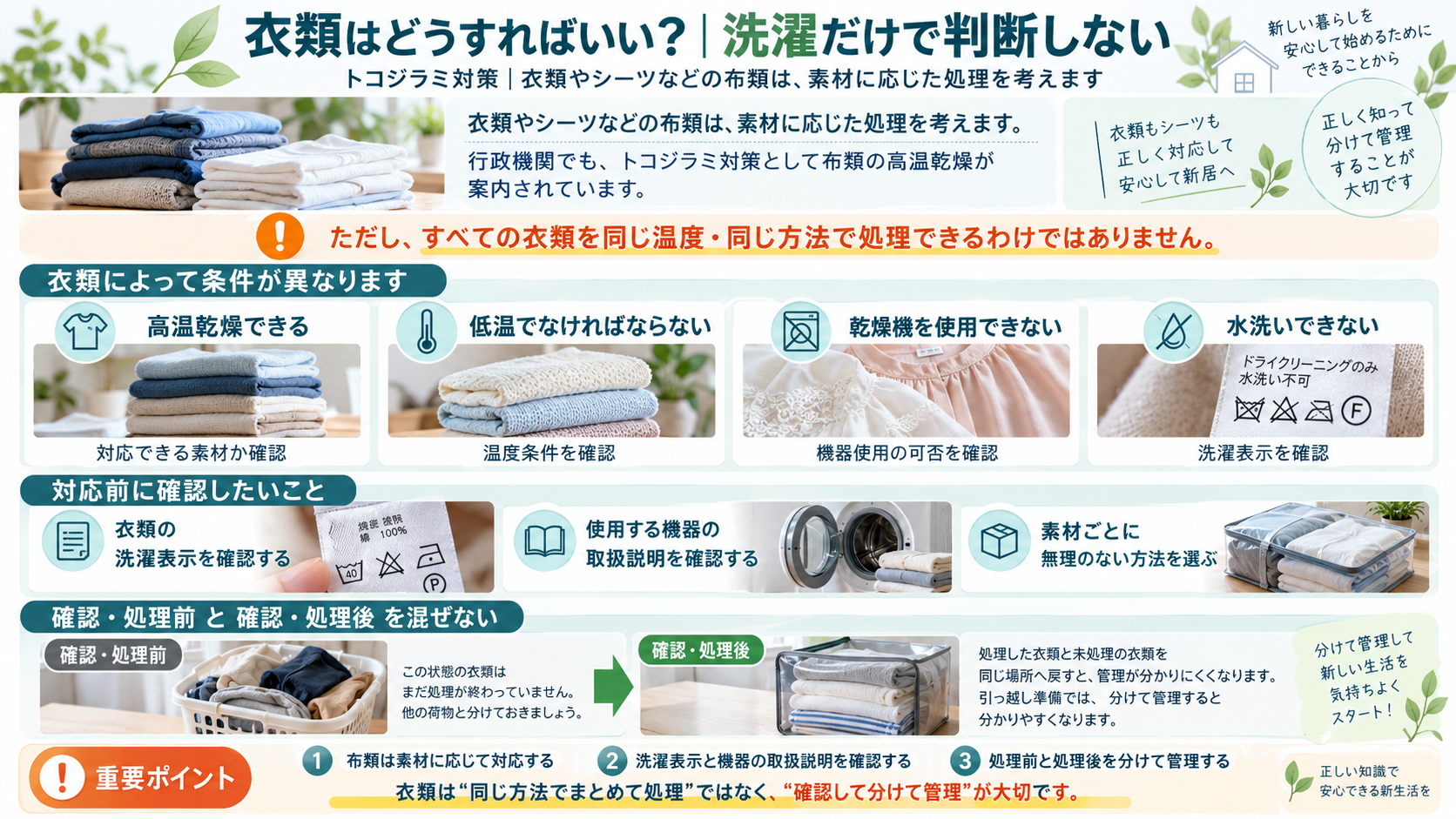 トコジラミ対策で衣類やシーツを扱う際の注意点を解説するインフォグラフィック｜洗濯表示や乾燥機の使用条件を確認し、処理前と処理後の衣類を分けて管理する方法を紹介