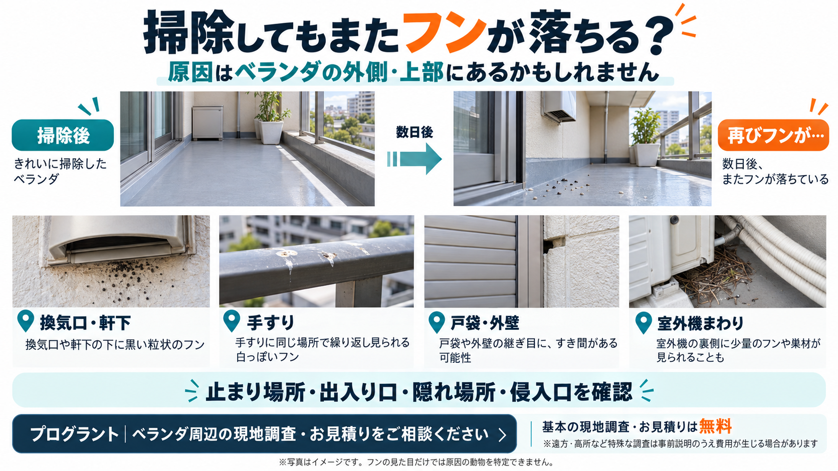 ベランダを掃除してもフンが再び落ちる様子と、換気口・軒下、手すり、戸袋・外壁、室外機まわりの確認箇所を写真例で示した図。