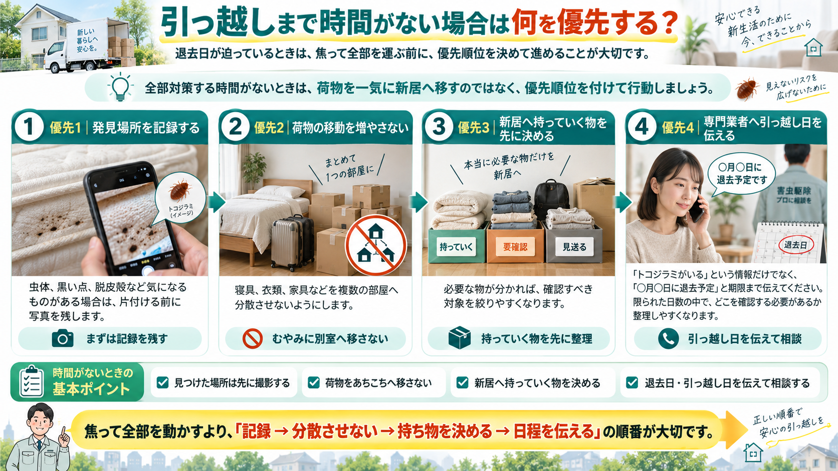 引っ越しまで時間がない場合のトコジラミ対策の優先順位を解説するインフォグラフィック｜発見場所の記録、荷物を分散させない、新居へ持っていく物の選別、専門業者へ退去日を伝える流れを紹介