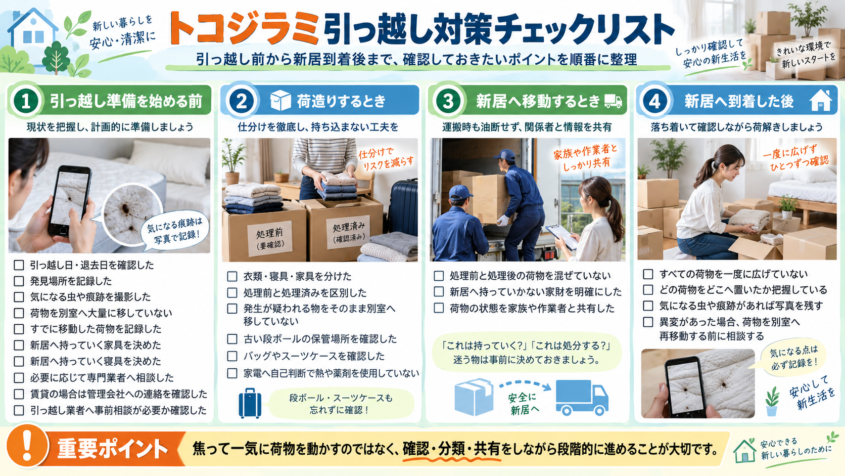 トコジラミがいる家から引っ越す際の対策チェックリストを解説するインフォグラフィック｜引っ越し準備、荷造り、新居への移動、到着後に確認する荷物管理や記録、専門業者への相談ポイントを紹介