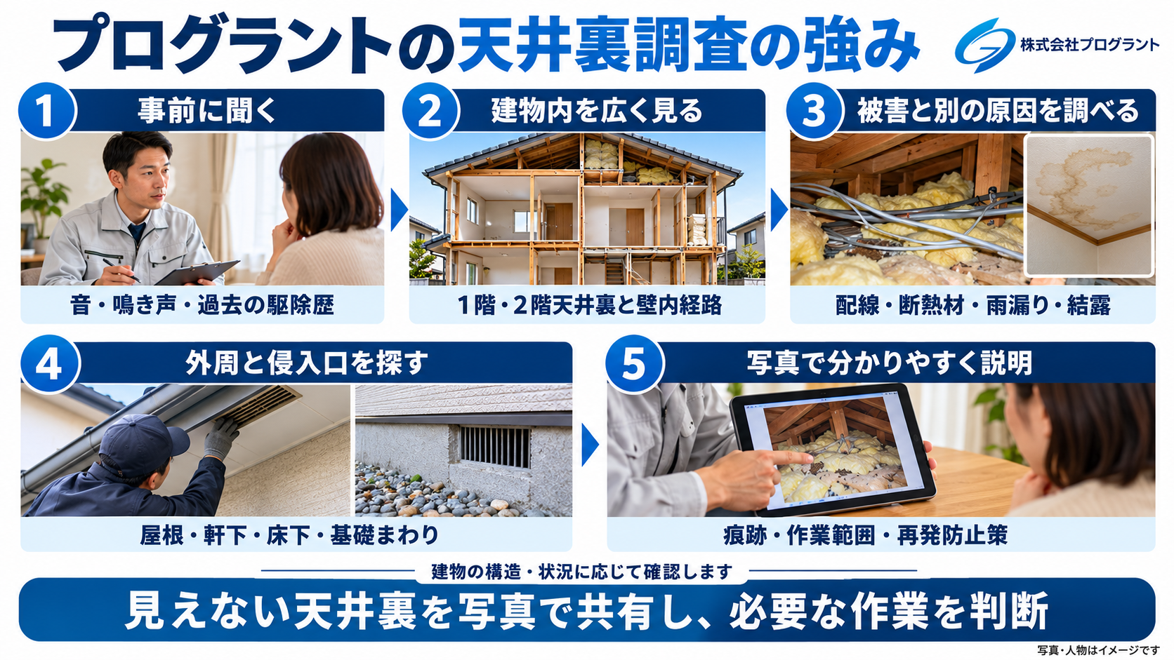 プログラントの天井裏調査を5段階で紹介する画像。事前ヒアリング、1階・2階天井裏と壁内の確認、配線・断熱材やシミの調査、外周の侵入口確認、調査写真による説明を示しています。