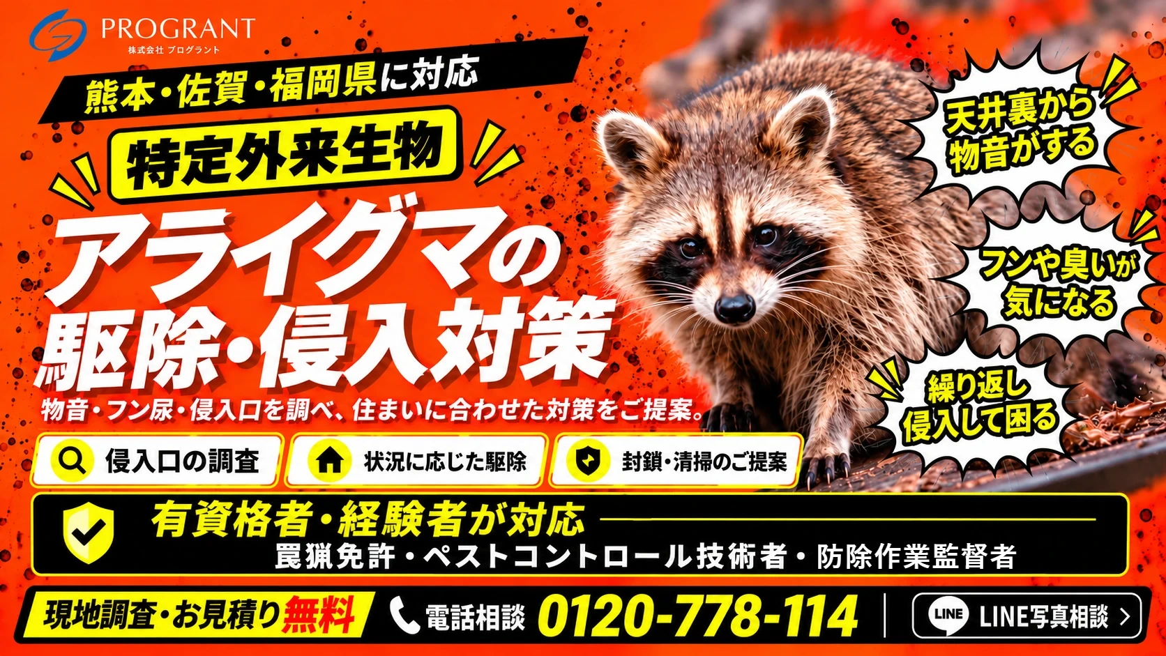 熊本・佐賀・福岡県に対応 特定外来生物 アライグマの駆除・侵入対策 有資格者・経験者が対応 現地調査・お見積り無料 電話相談 0120-778-114