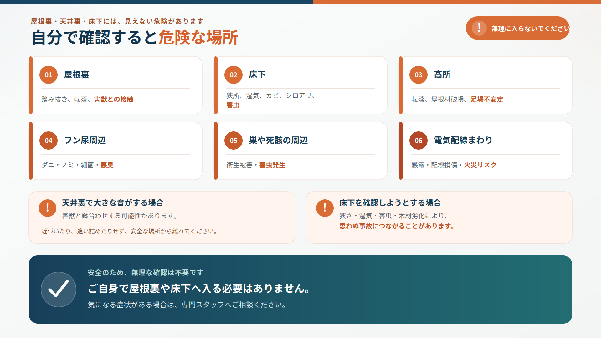 屋根裏・床下・高所・フン尿・巣や死骸・電気配線周辺を自分で確認する際の転落、衛生被害、感電などの危険性をまとめた図