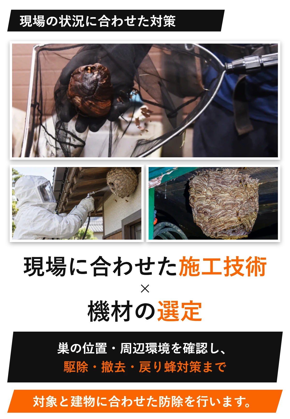 現場の状況に合わせた対策 現場に合わせた施工技術×機材の選定 巣の位置・周辺環境を確認し、駆除・撤去・戻り蜂対策まで 対象と建物に合わせた防除を行います。