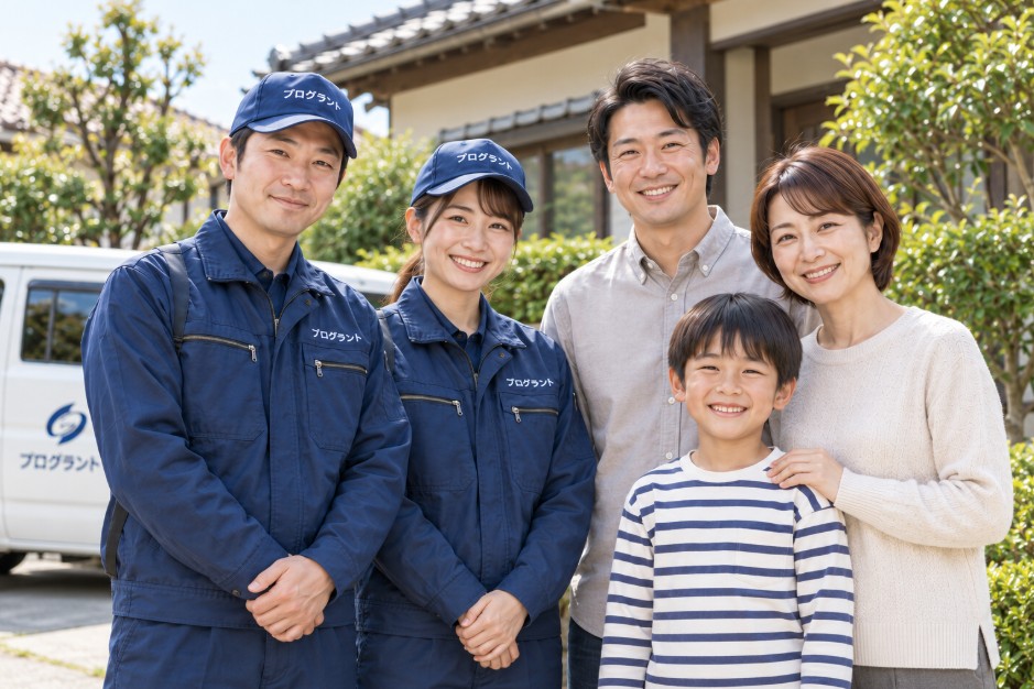 住宅の前に立つ株式会社プログラントのスタッフとご家族