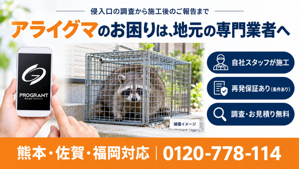 アライグマのお困りは地元の専門業者へ：侵入口の調査から施工後のご報告まで、自社スタッフが施工・再発保証あり（条件あり）・調査とお見積り無料（熊本・佐賀・福岡対応 0120-778-114）