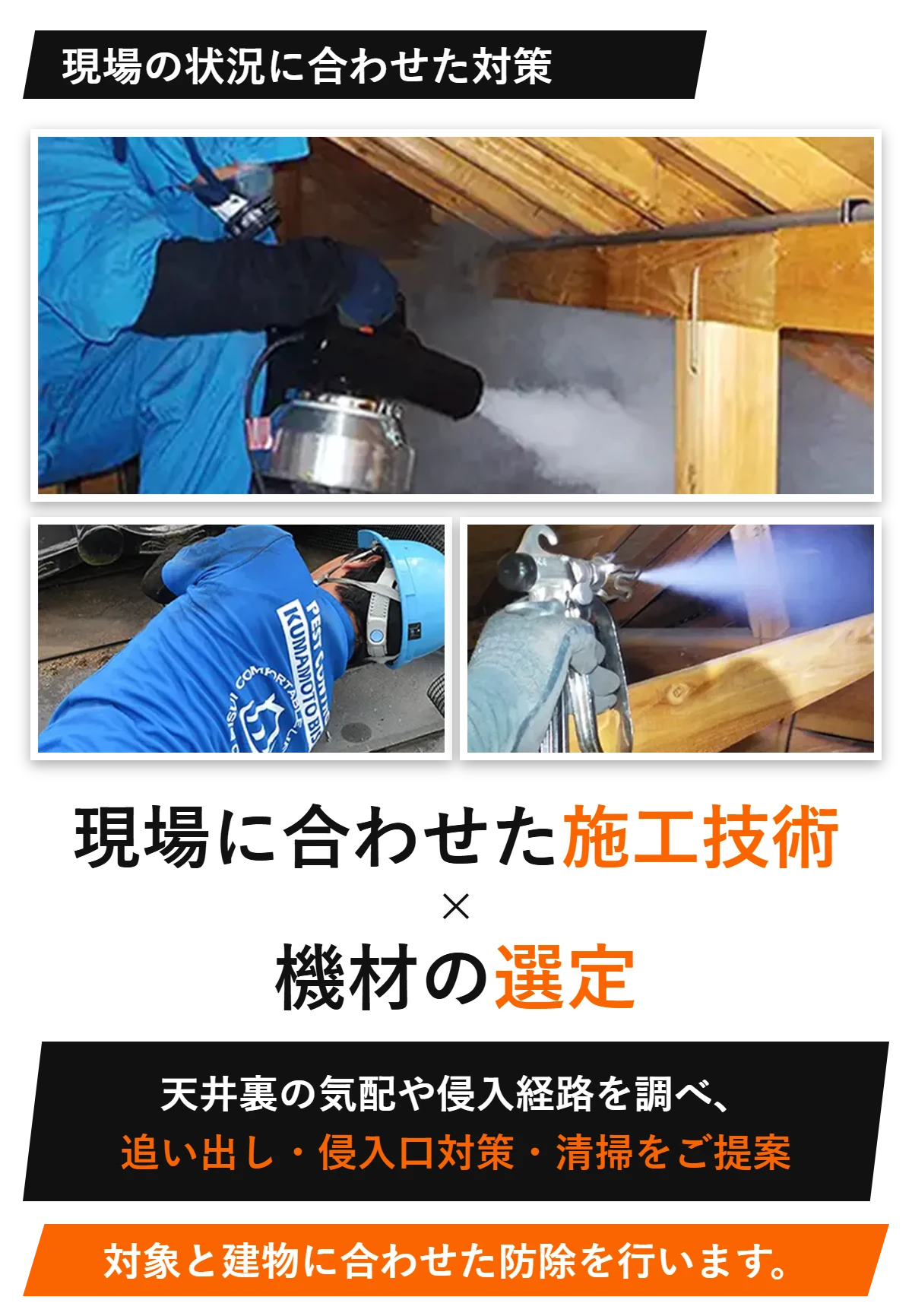 現場の状況に合わせた対策 現場に合わせた施工技術×機材の選定 天井裏の気配や侵入経路を調べ、追い出し・侵入口対策・清掃をご提案 対象と建物に合わせた防除を行います。