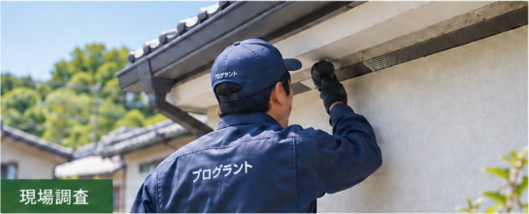 住宅の軒天を点検するプログラントのスタッフ(現場調査)