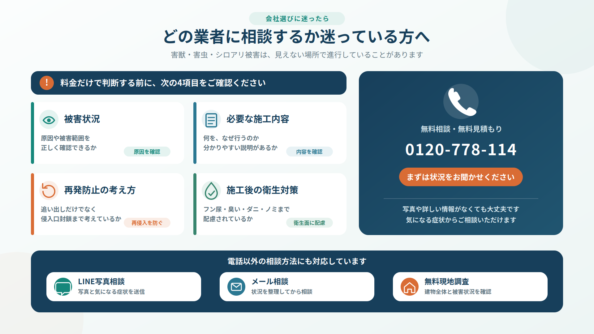 害獣・害虫・シロアリ駆除業者を選ぶ際に確認したい被害状況・施工内容・再発防止・衛生対策と、無料相談電話0120-778-114を案内する図
