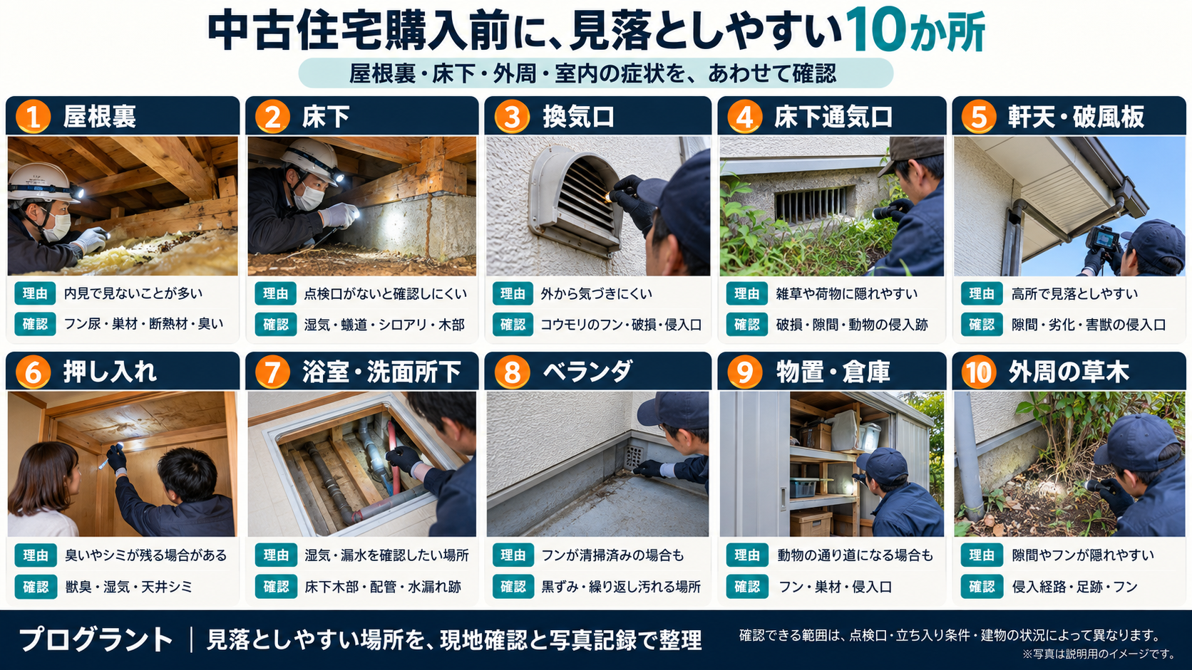 中古住宅購入前に見落としやすい屋根裏、床下、換気口、床下通気口、軒天・破風板、押し入れ、浴室・洗面所下、ベランダ、物置・倉庫、外周の草木について、見落とす理由と確認ポイントを解説した写真イメージ"