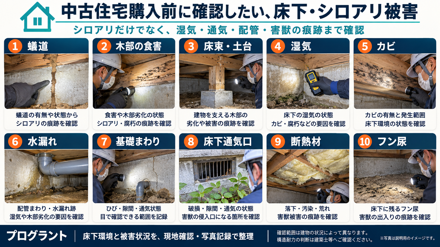 中古住宅購入前に床下で確認したい蟻道、木部の食害、床束・土台、湿気、カビ、水漏れ、基礎、通気口、断熱材、フン尿の10項目と、それぞれの確認理由を解説した写真イメージ"
