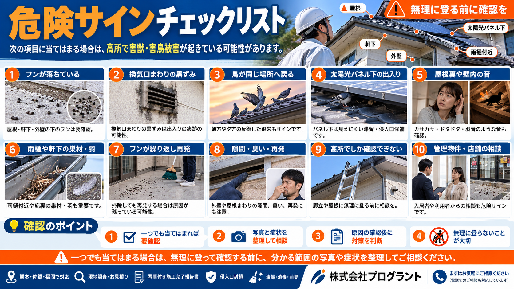高所の害獣・害鳥被害の危険サインを10項目で解説したインフォグラフィック。フン、換気口まわりの黒ずみ、鳥の反復飛来、太陽光パネル下の出入り、屋根裏や壁内の音、雨樋や軒下の巣材・羽、再発するフン、隙間や臭い、高所でしか確認できない場所、管理物件や店舗での相談などを写真付きで紹介し、無理に登らず相談する重要性を案内している