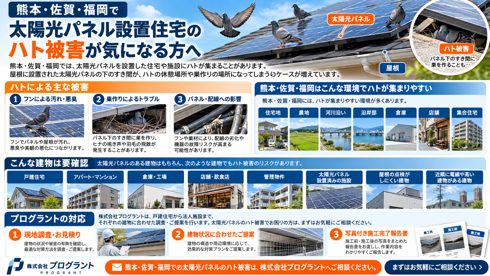 熊本・佐賀・福岡の太陽光パネル設置住宅におけるハト被害を写真付きで解説。戸建住宅、マンション、倉庫、店舗、法人施設などのフン害・巣作り・侵入リスクと、現地調査・侵入防止対策を紹介。