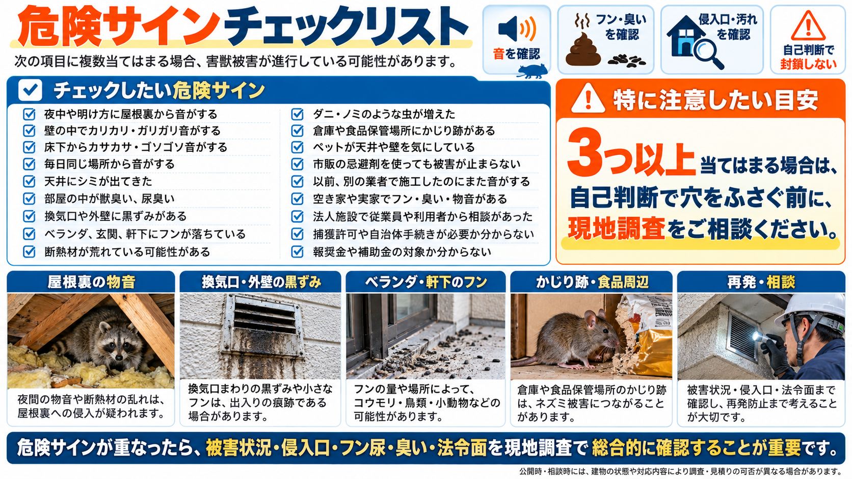 害獣被害の危険サインチェックリストとして、屋根裏の音、壁内の物音、フン、黒ずみ、かじり跡、再発相談の目安を写真付きで解説するインフォグラフィック