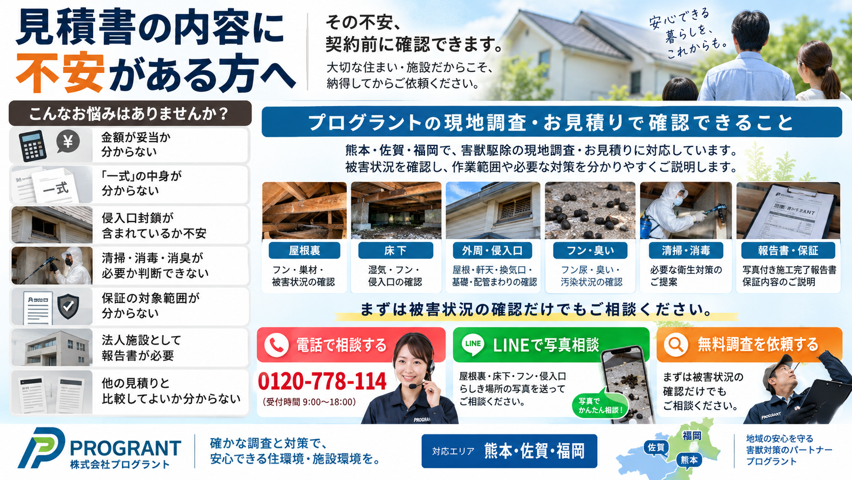 害獣駆除の見積書に不安がある方へ、金額・一式の内訳・侵入口封鎖・清掃消毒・保証・写真付き報告・無料調査の確認ポイントを解説するインフォグラフィック
