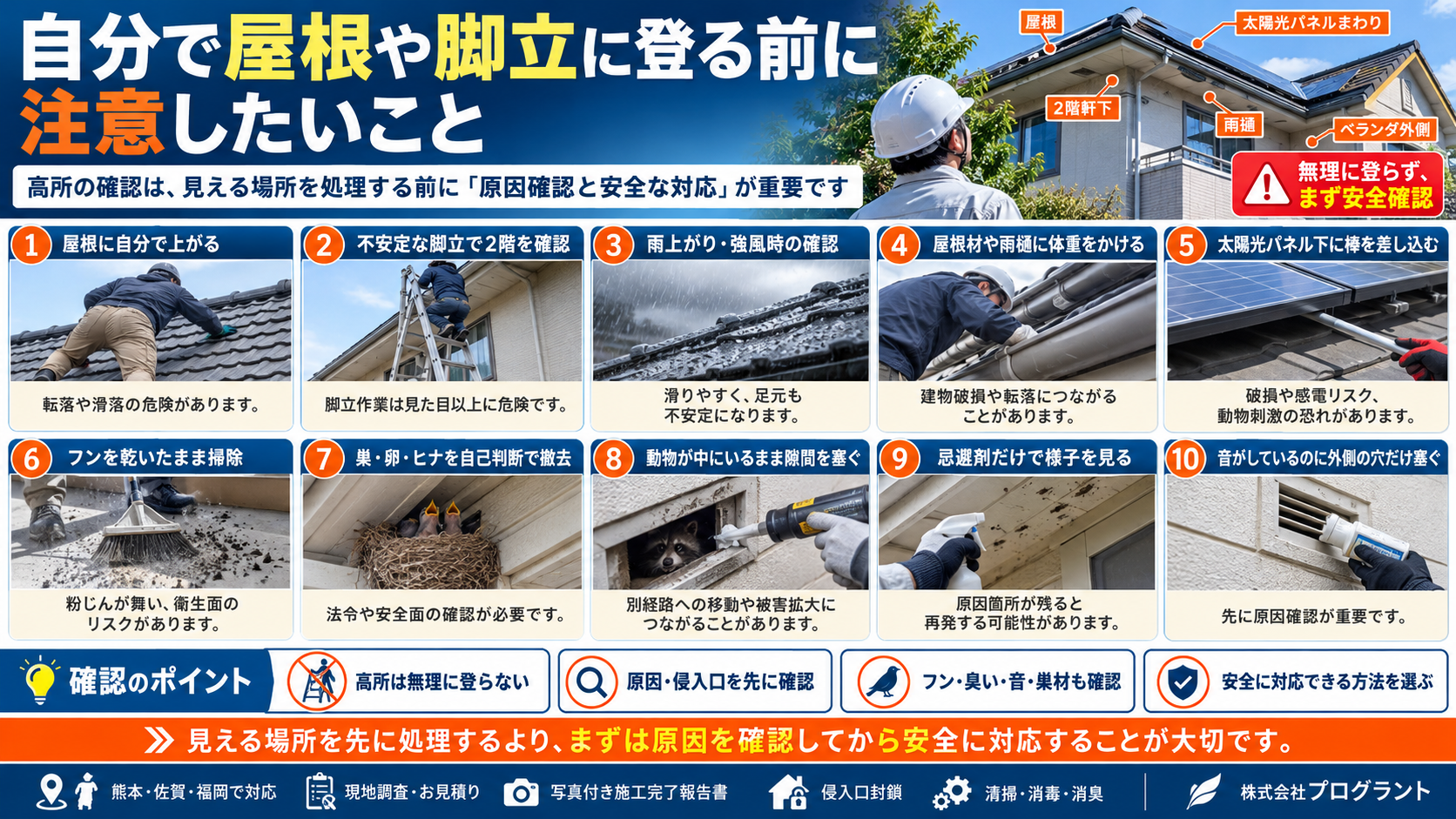 屋根や脚立に登る前の注意点を写真付きで解説。転落・滑落、雨天時の高所作業、太陽光パネルの破損、フンの清掃、巣の撤去、害獣が残った状態での封鎖など10のリスクと安全な対処方法を紹介。