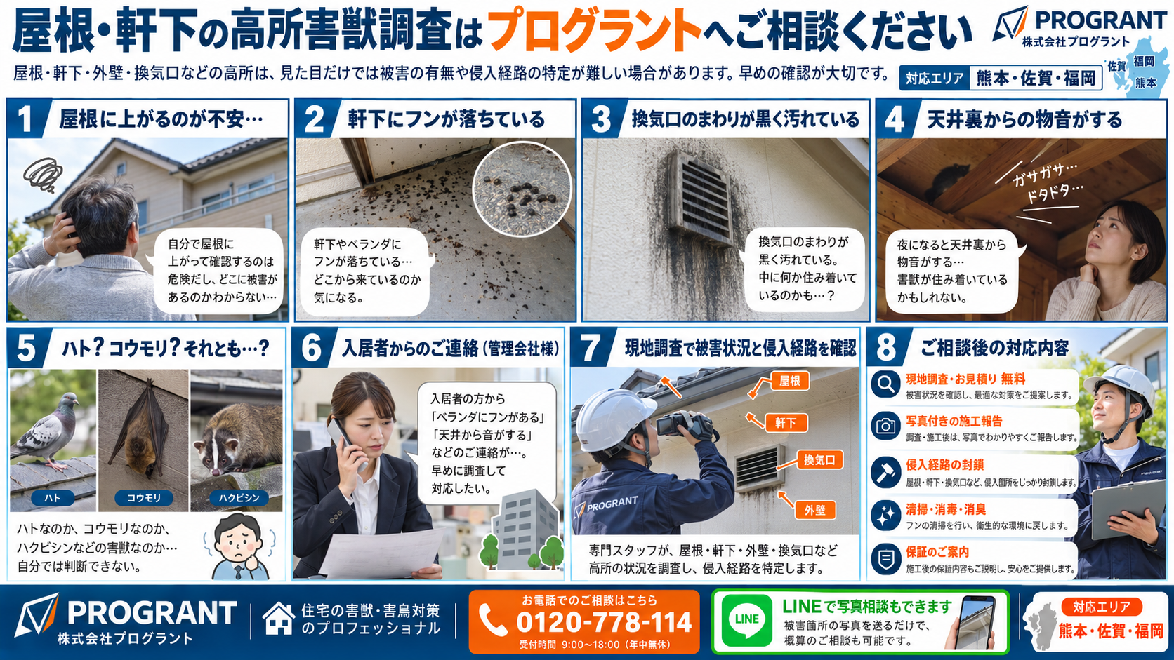 屋根・軒下の高所害獣調査を8コマ漫画風に写真付きで解説。軒下のフン、換気口の黒ずみ、屋根裏の物音、害獣・害鳥の判別、現地調査、侵入口封鎖、清掃・消毒・消臭までの流れを紹介。