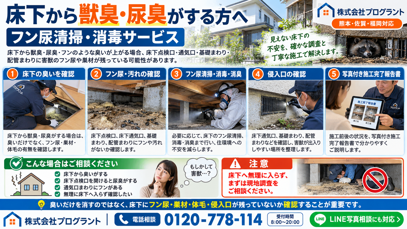 床下から尿臭・獣臭がする場合の原因、床下点検口・通気口・基礎・配管まわりの確認、フン尿清掃・消毒・消臭、侵入口封鎖、施工報告と保証を解説するインフォグラフィック