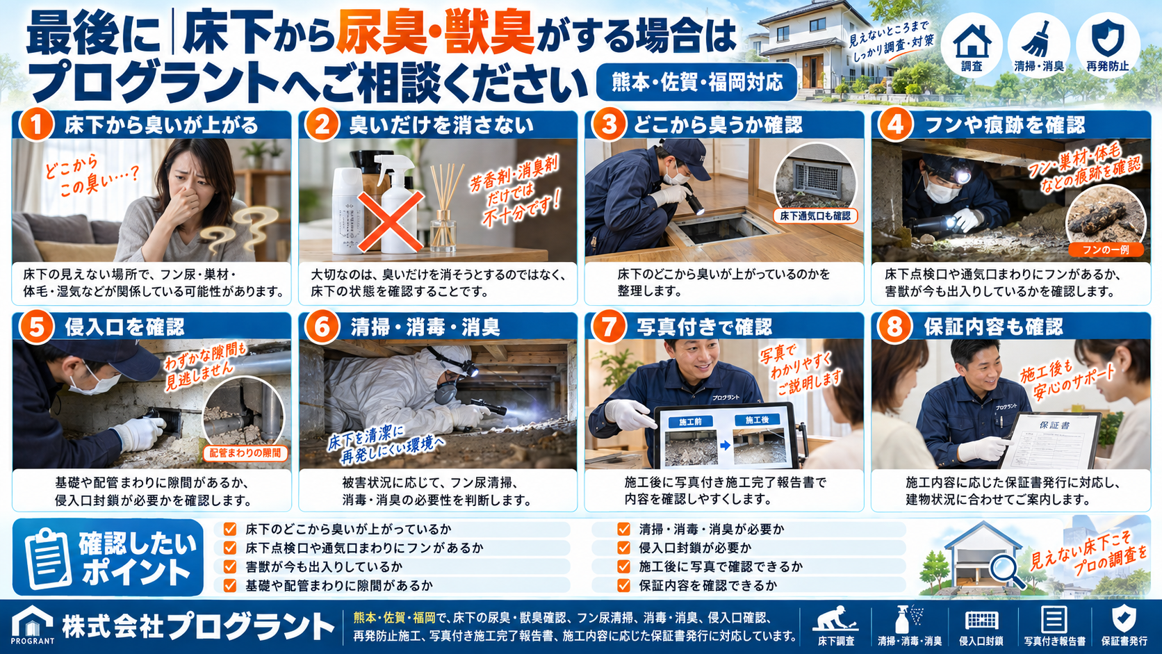 床下から尿臭・獣臭がする場合に、臭いの確認、フンや痕跡の調査、侵入口確認、清掃・消毒・消臭、写真付き報告、保証確認までを8コマ漫画風で解説するインフォグラフィック