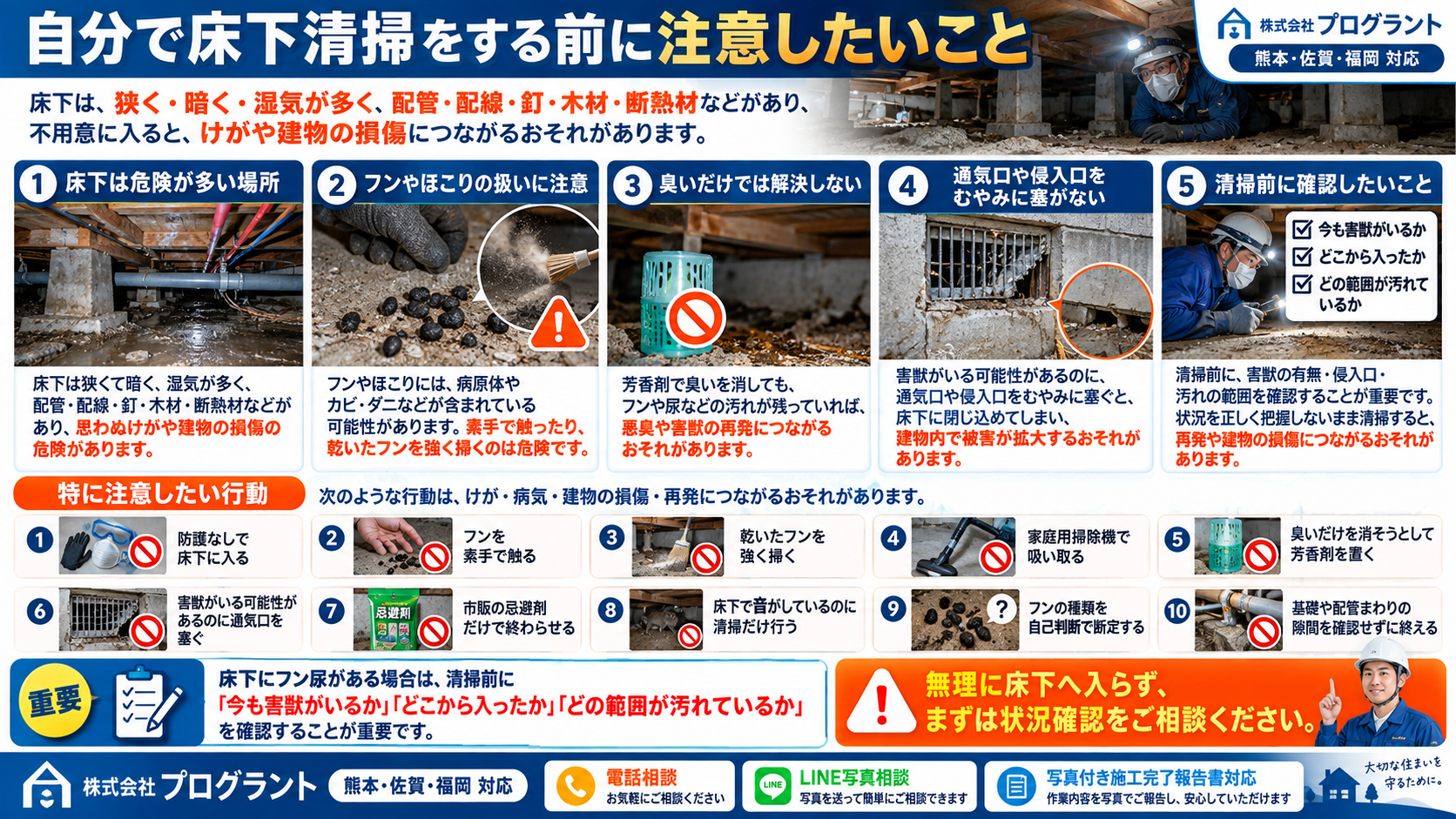 自分で床下清掃をする前の注意点として、無防備での侵入、フンへの接触、乾いたフンの掃除、掃除機使用、通気口封鎖、忌避剤だけの対処を避け、害獣の有無・侵入口・汚染範囲を確認する重要性を解説するインフォグラフィック