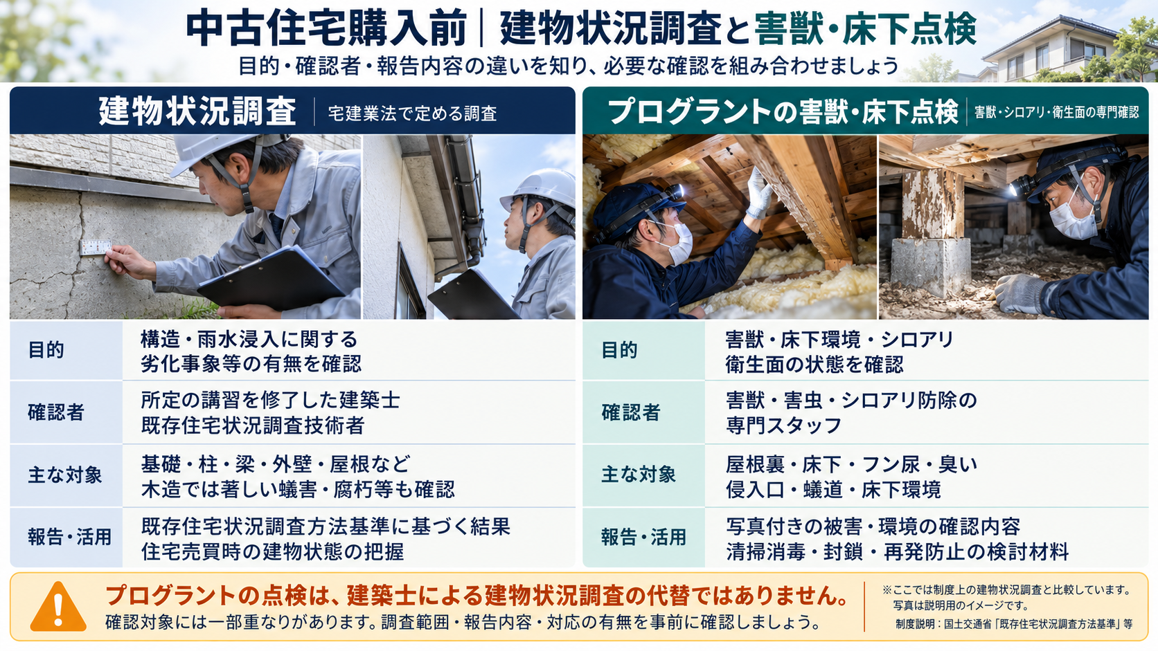 中古住宅購入前の建物状況調査とプログラントの害獣・床下点検について、目的・確認者・対象・報告内容を比較。確認対象には一部重なりがあり、害獣・床下点検は建物状況調査の代替ではないことを説明した写真付き図解"