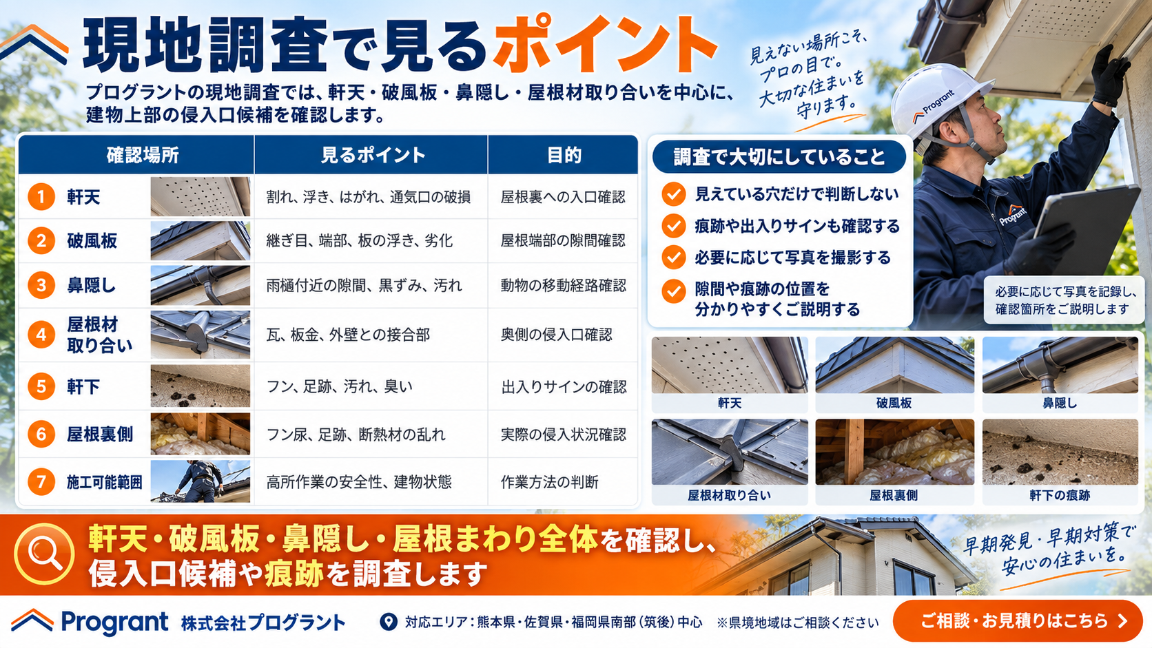 軒天・破風板・鼻隠し・屋根まわりの現地調査ポイントを解説するインフォグラフィック｜確認場所、見るポイント、目的、痕跡確認を紹介