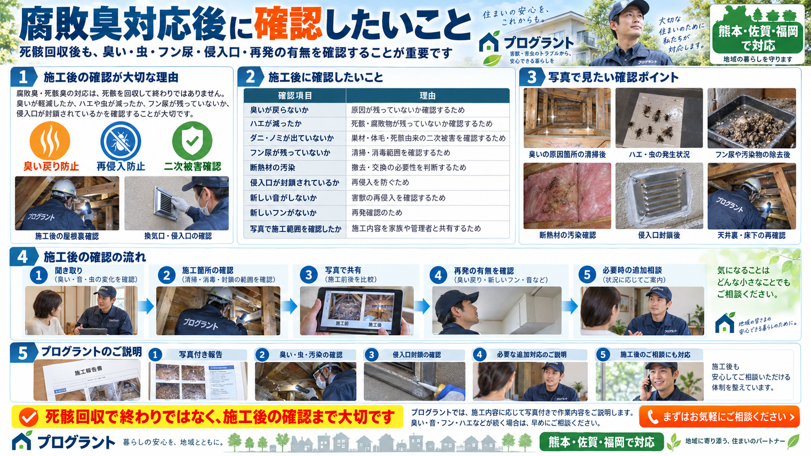 腐敗臭・死骸臭の施工後に確認したいポイントを写真付きで解説。臭い戻り、ハエやダニ・ノミの有無、フン尿や断熱材汚染、侵入口封鎖、新しい音やフンの有無、写真付き報告による施工範囲の確認などを紹介するインフォグラフィック"