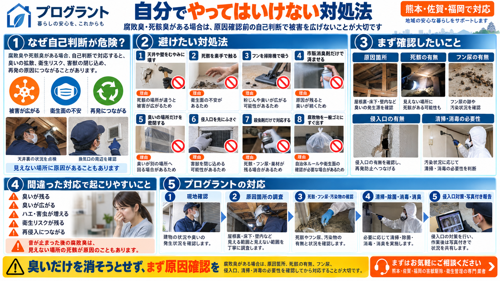 腐敗臭・死骸臭があるときに自分でやってはいけない対処法を解説。天井や壁を壊す、死骸を素手で触る、フンを掃除機で吸う、侵入口を先にふさぐなどの注意点と、原因確認・清掃・消毒・消臭・再発防止の流れを紹介するインフォグラフィック"