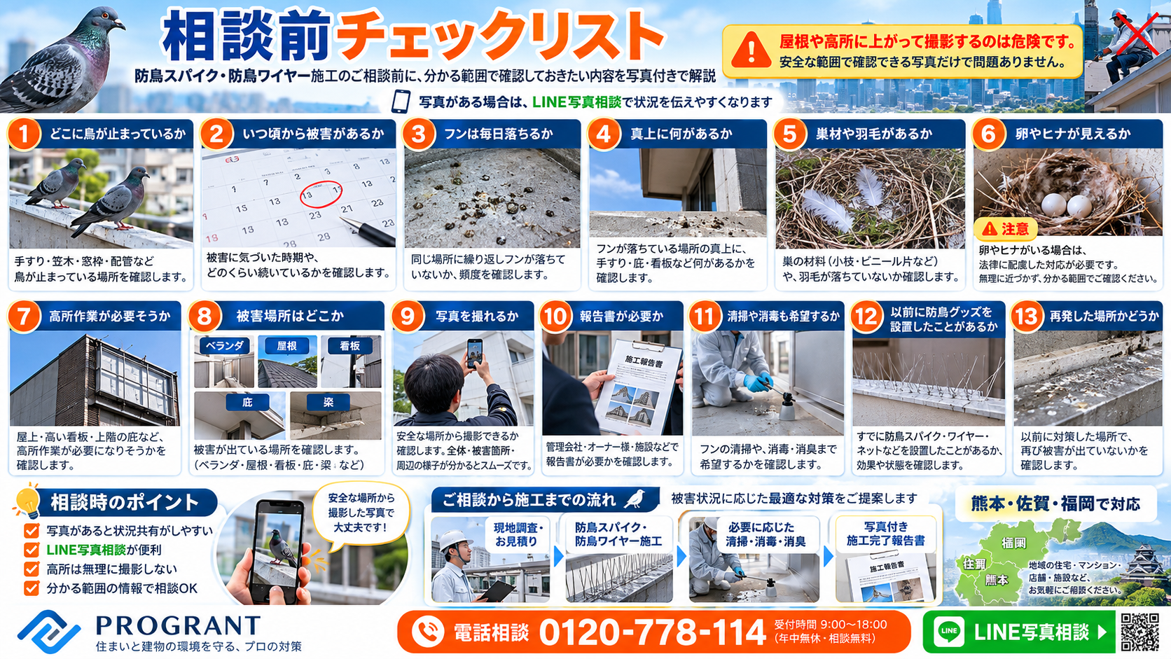 防鳥スパイク・防鳥ワイヤー施工の相談前チェックリスト13項目を写真付きで解説。ハトの停留場所、フン害、巣材・卵・ヒナ、高所作業、過去の対策、再発状況、LINE写真相談のポイントを紹介。